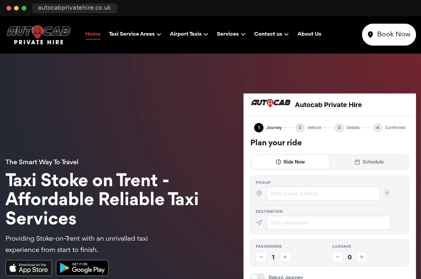 The Autocab Private Hire website with the Plan your ride booking widget