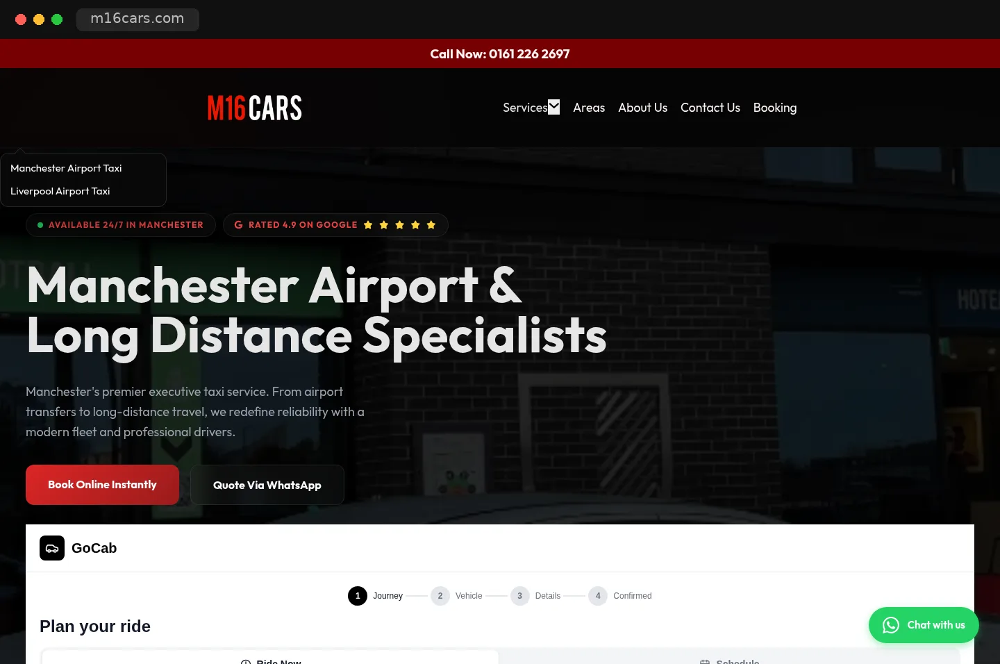 The M16 Cars website built by ViralMouth, with booking widget and WhatsApp quotes