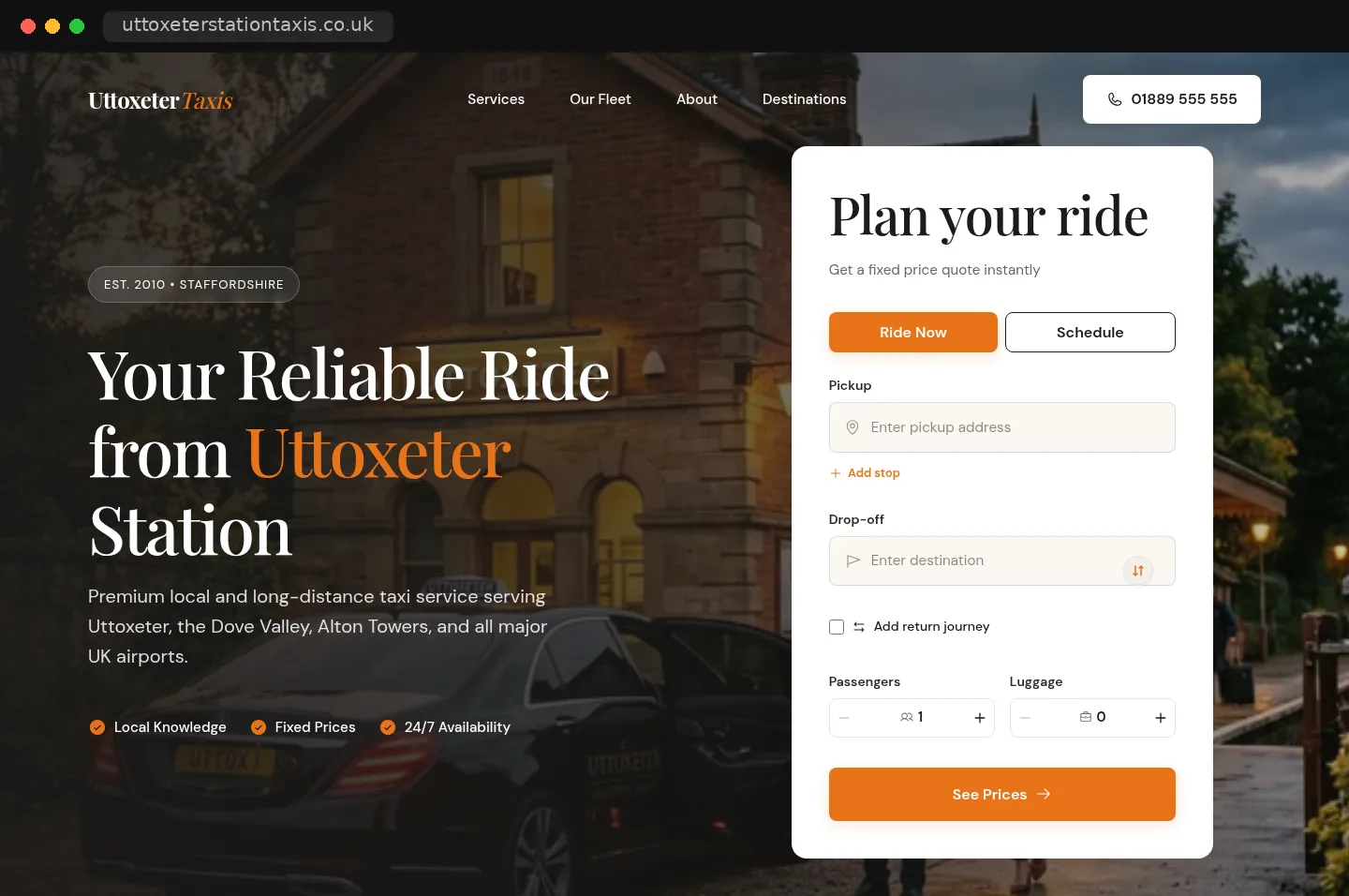 The Uttoxeter Station Taxis website with integrated booking form